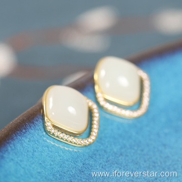 Silver Jade Earring Jewelry Korean Earrings Gold Plated